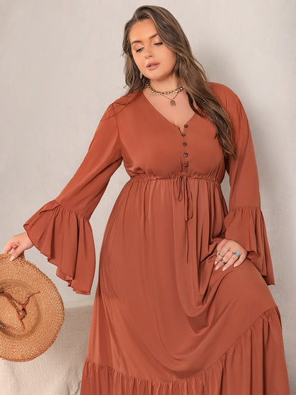 Plus Size V-Neck Flare Sleeve Maxi Dress - UrbanEthereal