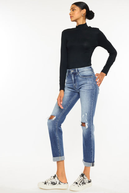 Kancan High Waist Distressed Hem Detail Cropped Straight Jeans