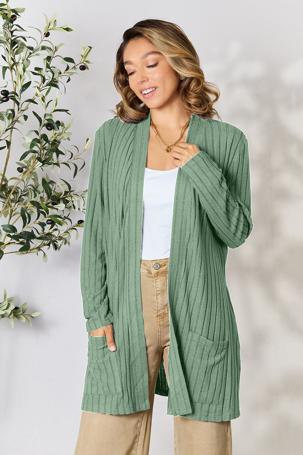 Basic Bae Full Size Ribbed Open Front Cardigan with Pockets - UrbanEthereal