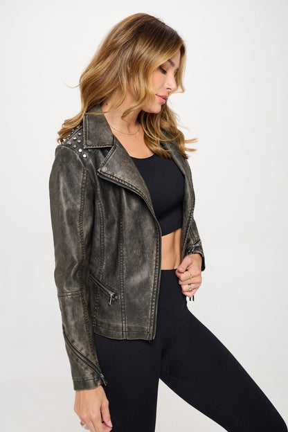 Coalition LA Studded Classic Moto Faux Leather Jacket - UrbanEthereal