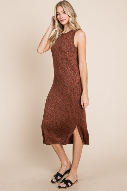 BOMBOM Slit Round Neck Sleeveless Midi Dress - UrbanEthereal