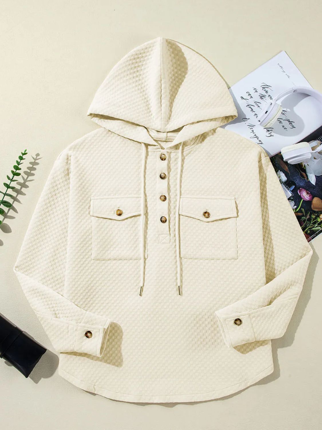 Drawstring Half Button Long Sleeve Hoodie