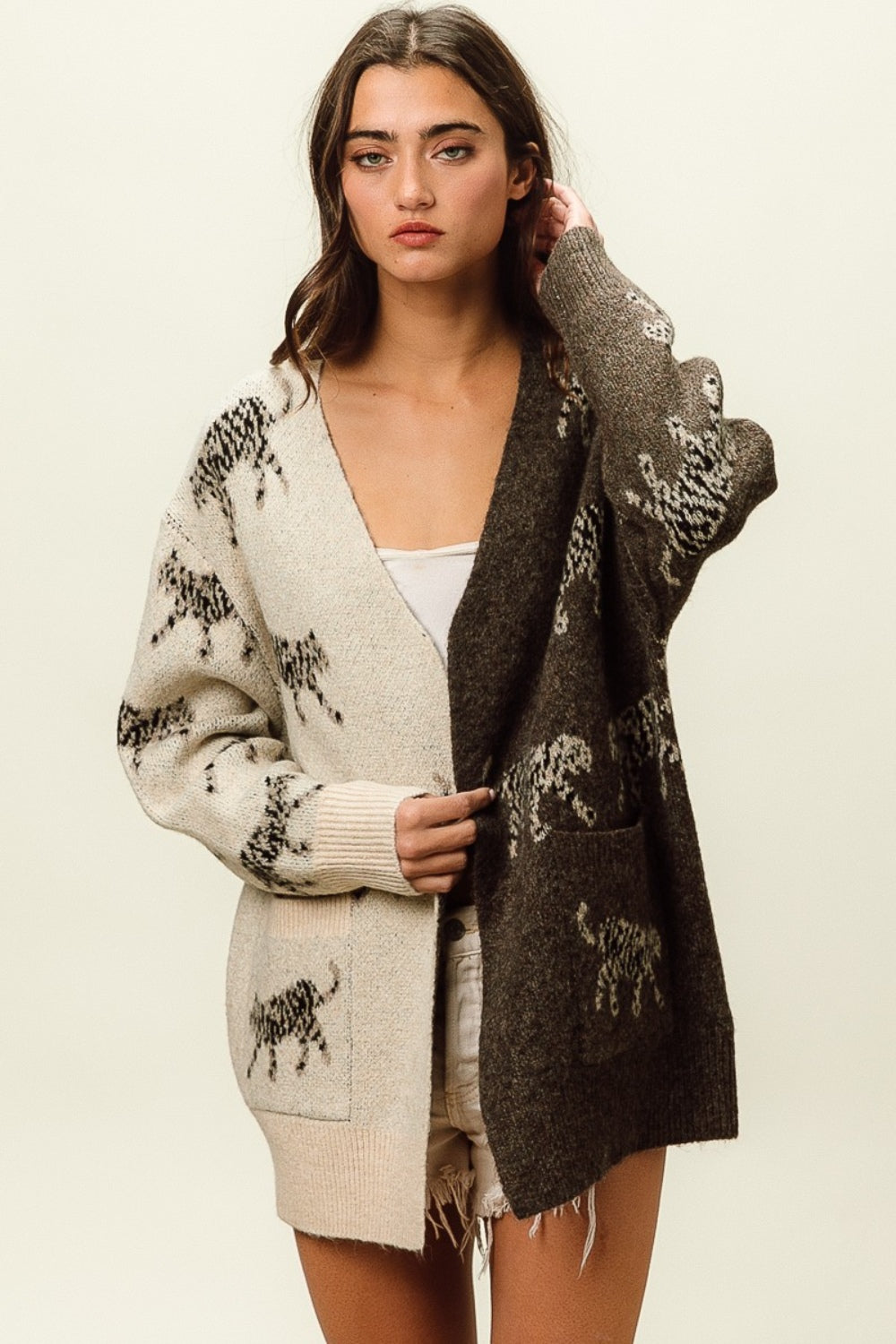 BiBi Open Front Long Sleeve Contrast Cardigan - UrbanEthereal