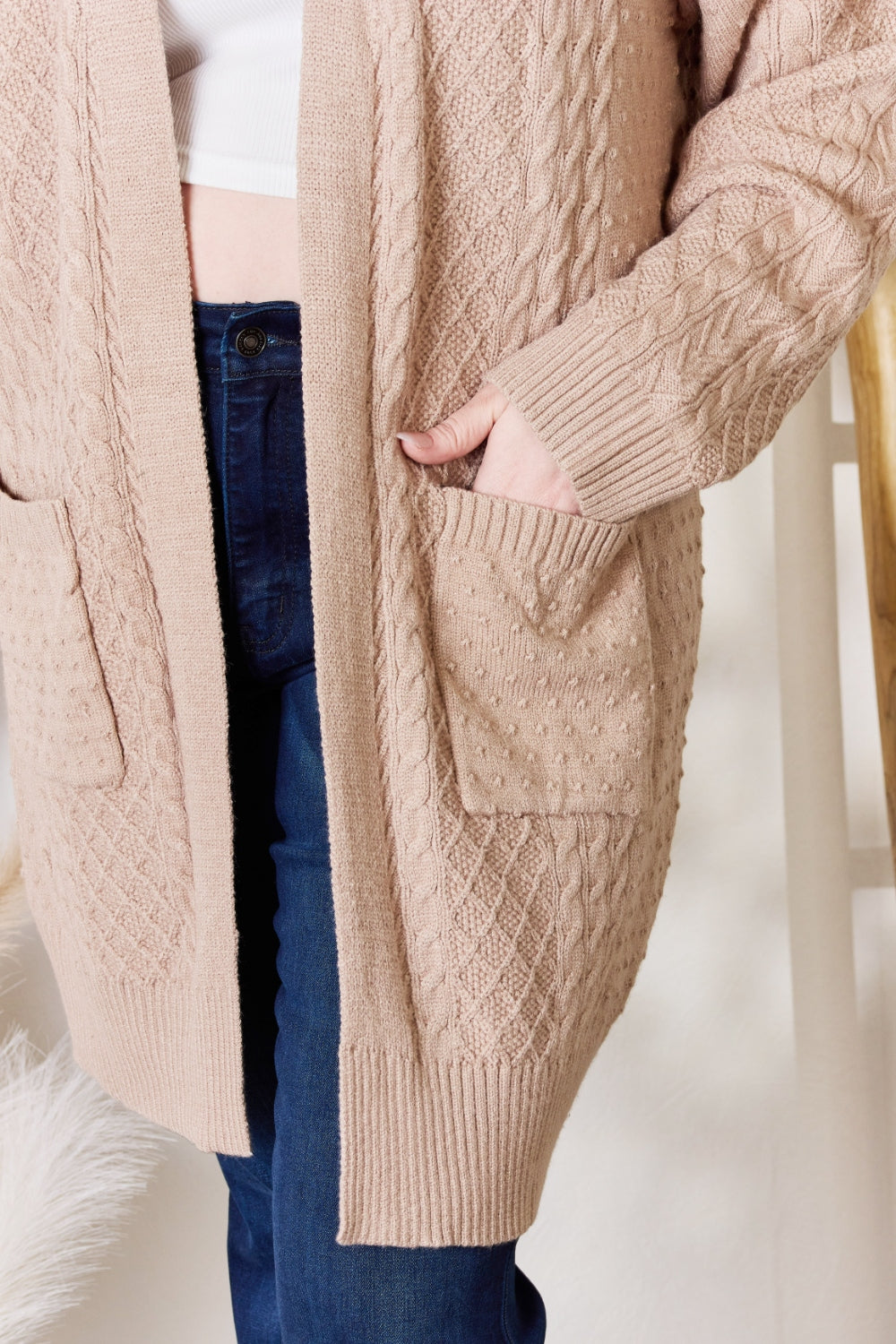 Hailey & Co Full Size Cable-Knit Pocketed Cardigan - UrbanEthereal