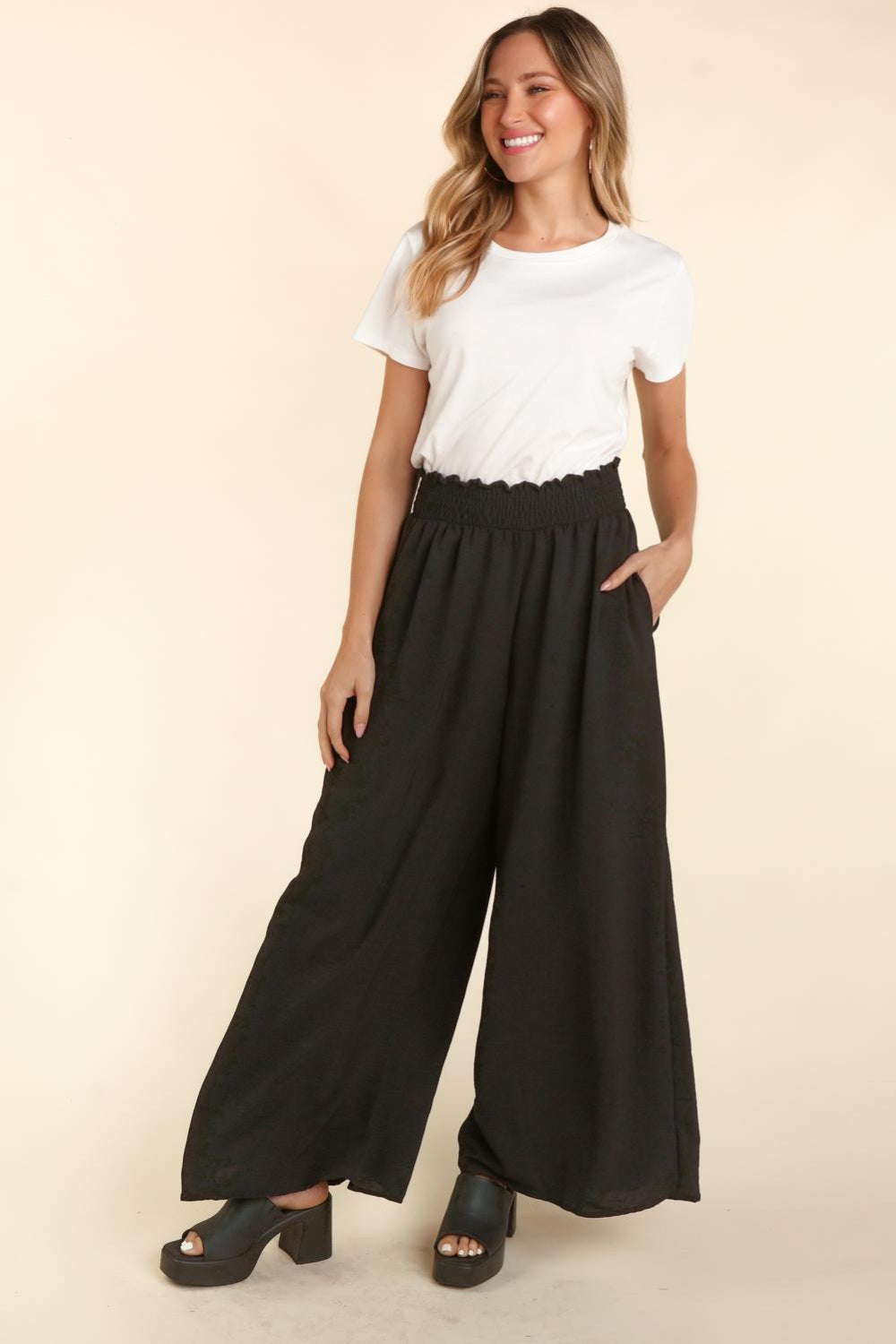 Haptics Elastic Waist Wide Leg Pants with Pockets - UrbanEthereal