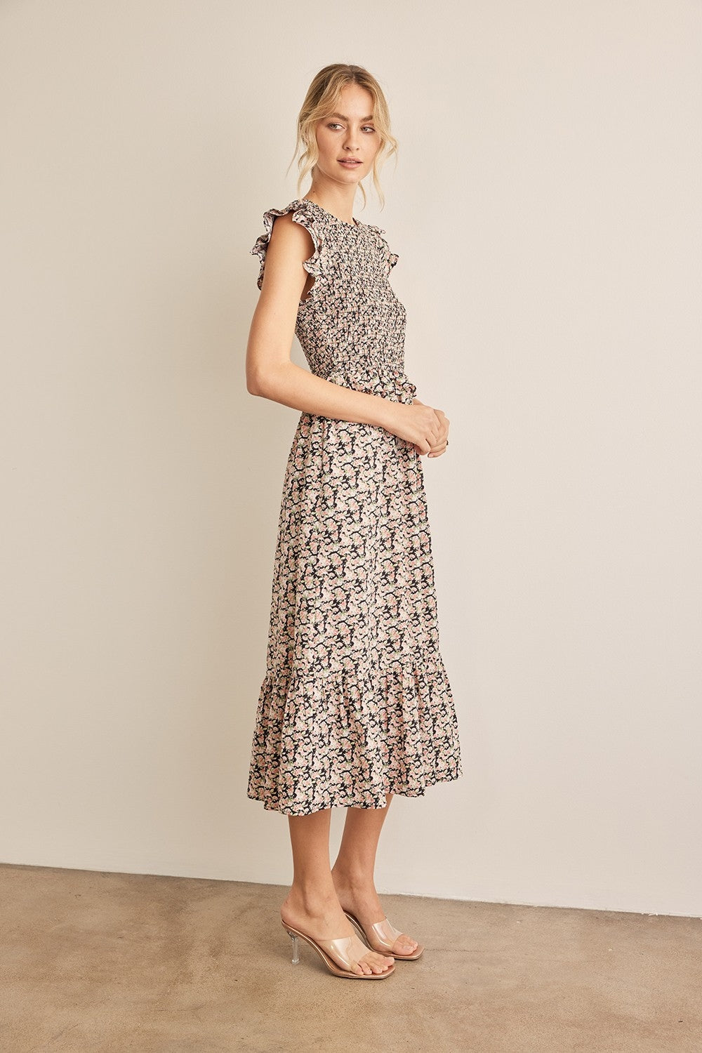 In February Floral Smocked Ruffled Midi Dress - UrbanEthereal