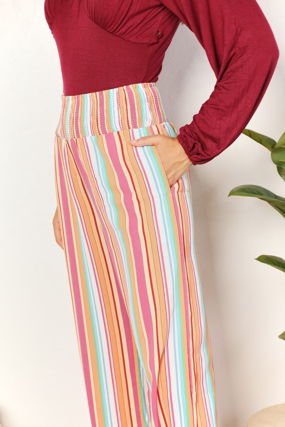Double Take Striped Smocked Waist Pants with Pockets - UrbanEthereal