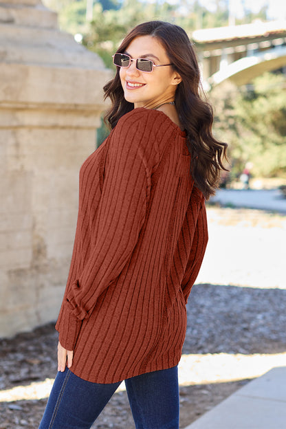 Basic Bae Full Size Ribbed Round Neck Long Sleeve Knit Top - UrbanEthereal
