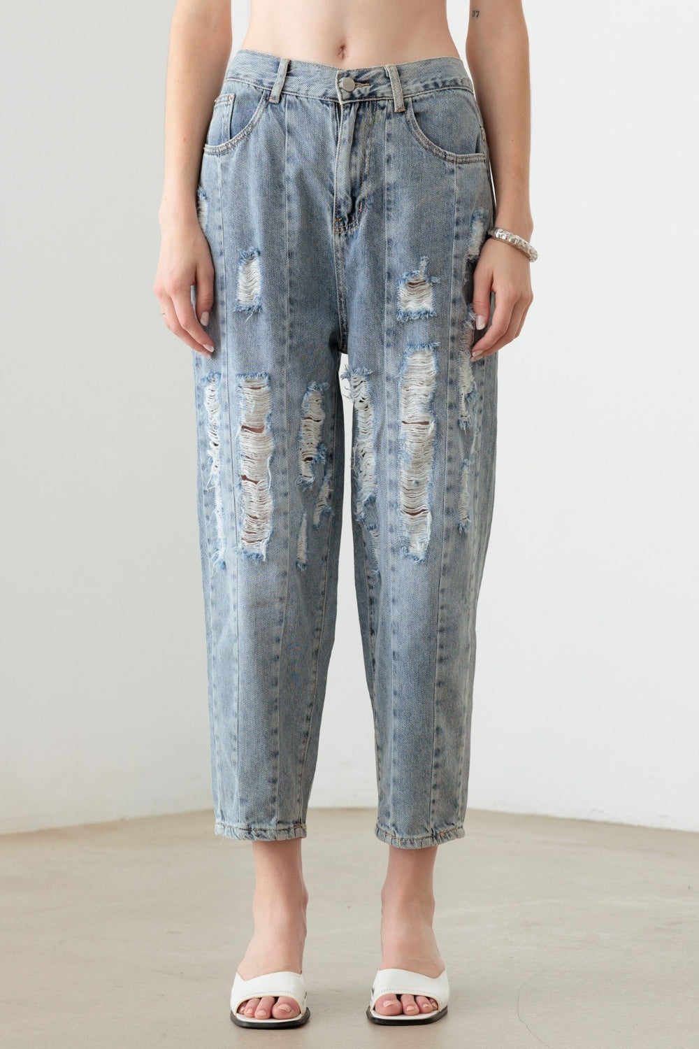 Litz La Washed Barrel Leg High Waist Distressed Jeans - UrbanEthereal