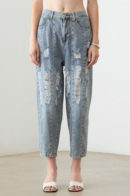 Litz La Washed Barrel Leg High Waist Distressed Jeans - UrbanEthereal