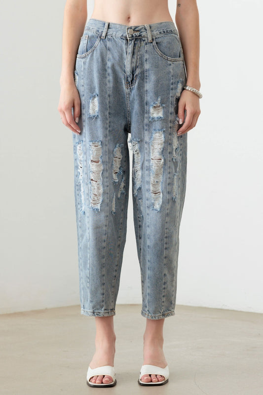 Litz La Washed Barrel Leg High Waist Distressed Jeans - UrbanEthereal