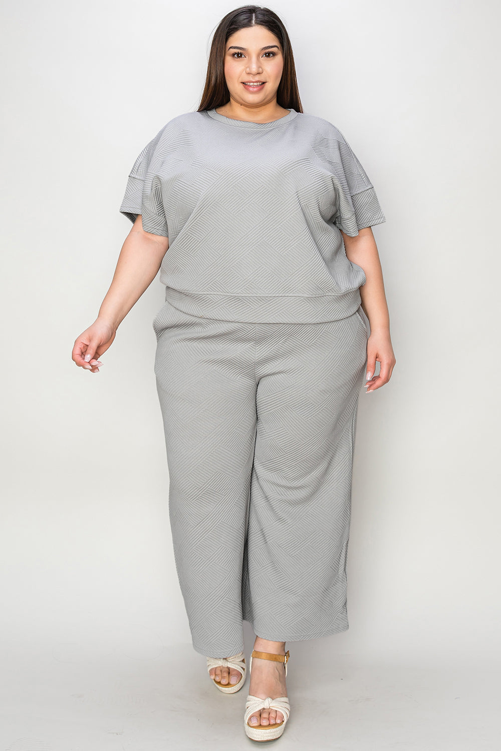 Double Take Full Size Texture Short Sleeve Top and Pants Set - UrbanEthereal