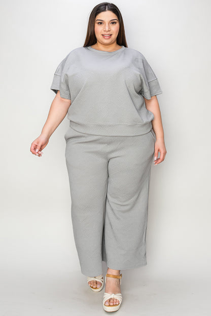 Double Take Full Size Texture Short Sleeve Top and Pants Set - UrbanEthereal