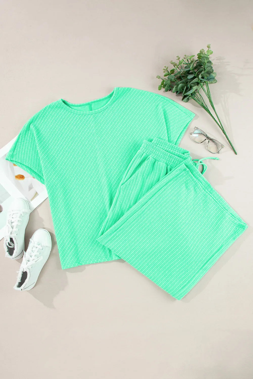 Plus Size Round Neck Half Sleeve Top and Tied Pants Set - UrbanEthereal