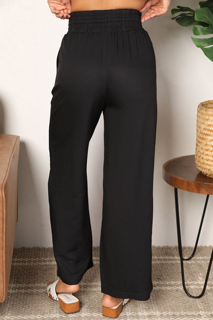 Double Take Drawstring Smocked Waist Wide Leg Pants - UrbanEthereal