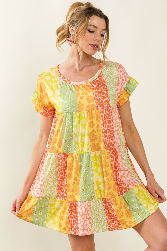 BiBi Leopard Short Sleeve Tiered Dress - UrbanEthereal