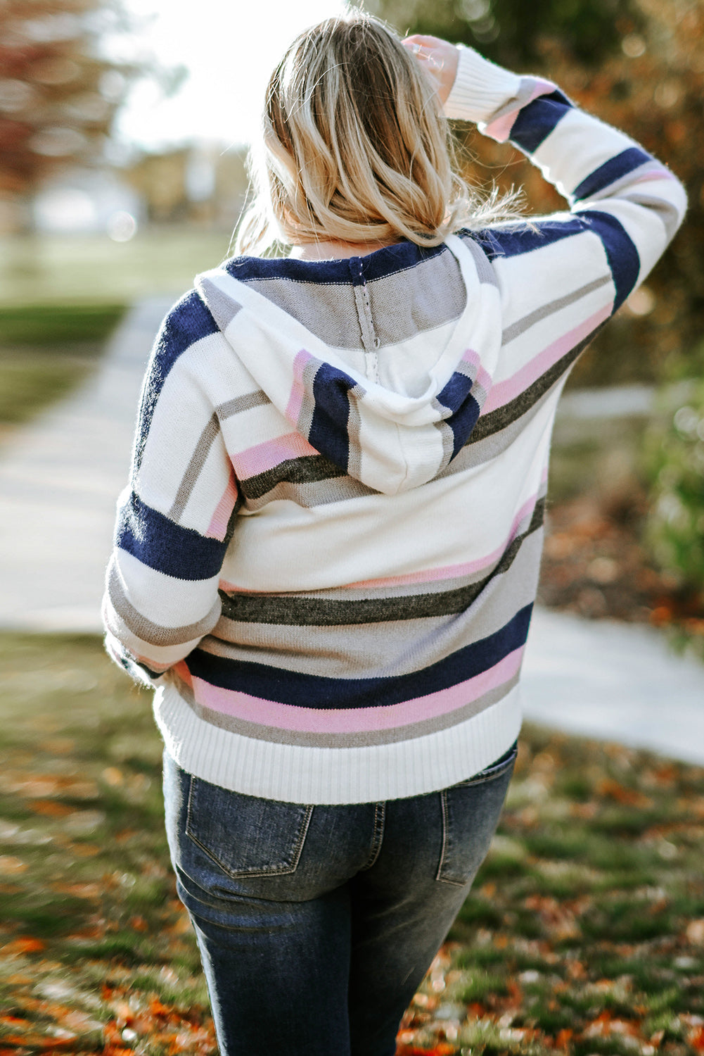 Plus Size Striped Long Sleeve Hooded Sweater