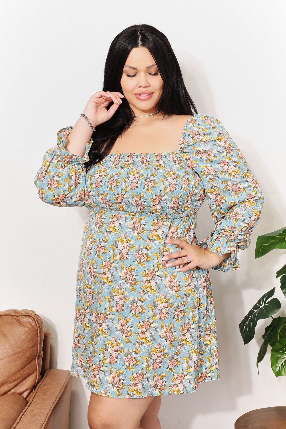 Floral Smocked Flounce Sleeve Square Neck Dress - UrbanEthereal