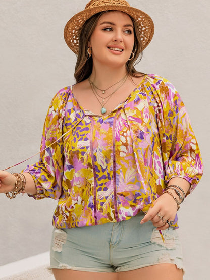 Plus Size Printed Tie Neck Blouse - UrbanEthereal