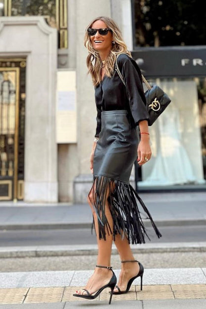 High Waist Fringe Hem Skirt