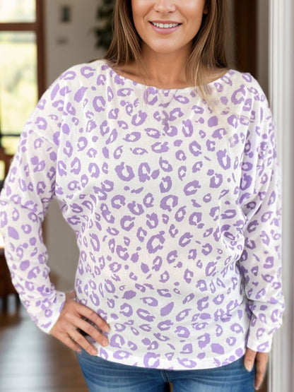 Plus Size Leopard Round Neck Long Sleeve Top - UrbanEthereal