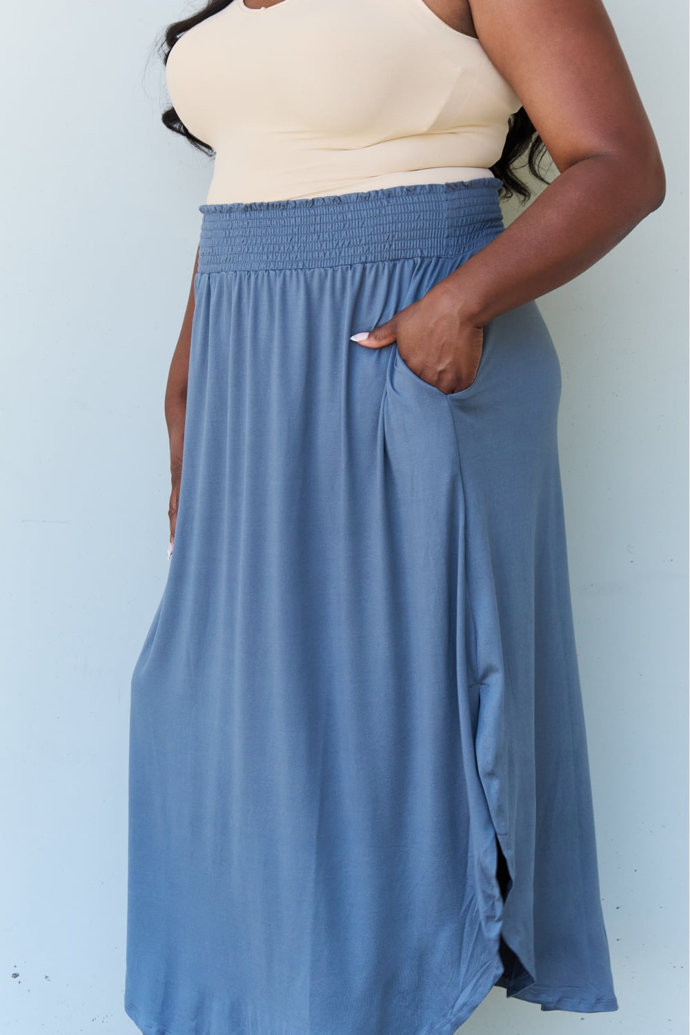 Doublju Comfort Princess Full Size High Waist Scoop Hem Maxi Skirt in Charcoal - UrbanEthereal