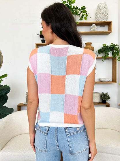 Color Block Round Neck Cap Sleeve Knit Top - UrbanEthereal