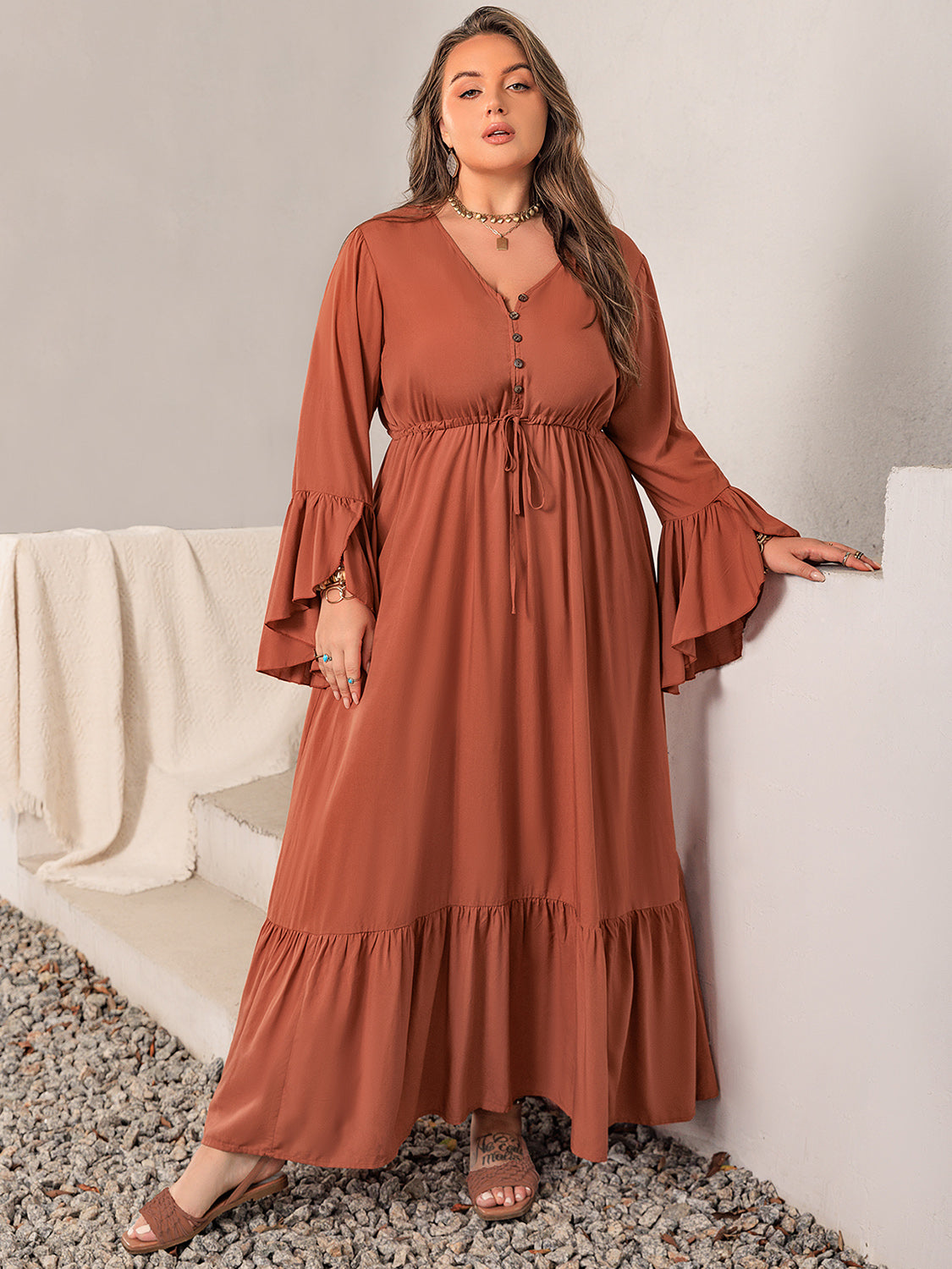 Plus Size V-Neck Flare Sleeve Maxi Dress - UrbanEthereal