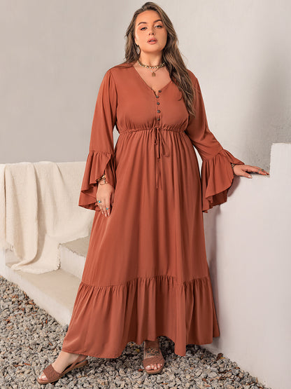 Plus Size V-Neck Flare Sleeve Maxi Dress - UrbanEthereal