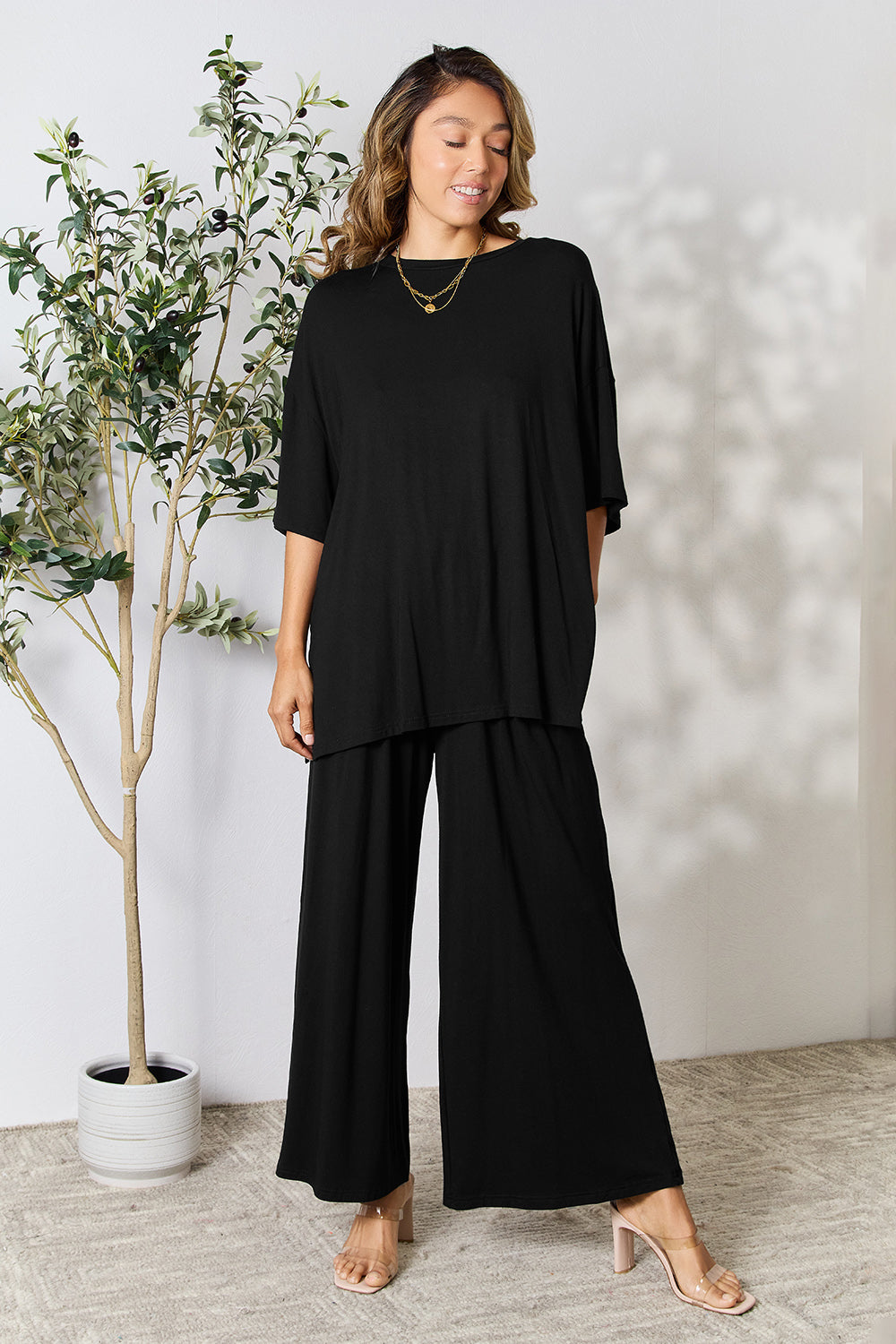 Double Take Full Size Round Neck Slit Top and Pants Set - UrbanEthereal