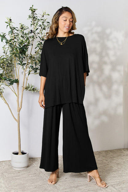 Double Take Full Size Round Neck Slit Top and Pants Set - UrbanEthereal