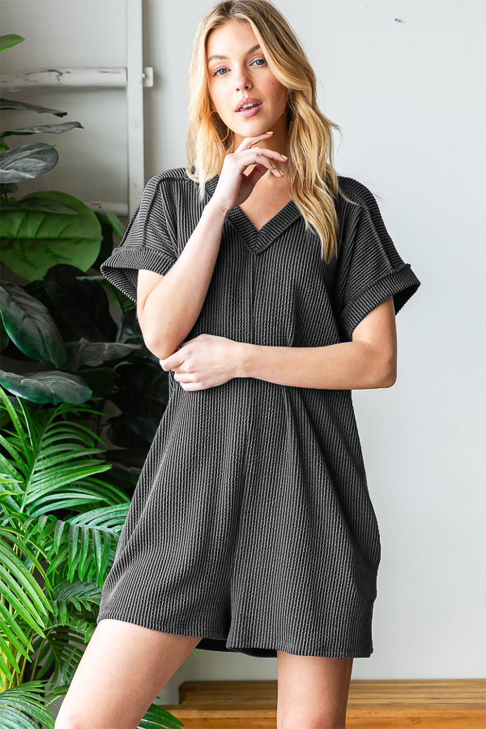 Heimish Full Size Short Sleeve Ribbed Romper with Pockets - UrbanEthereal