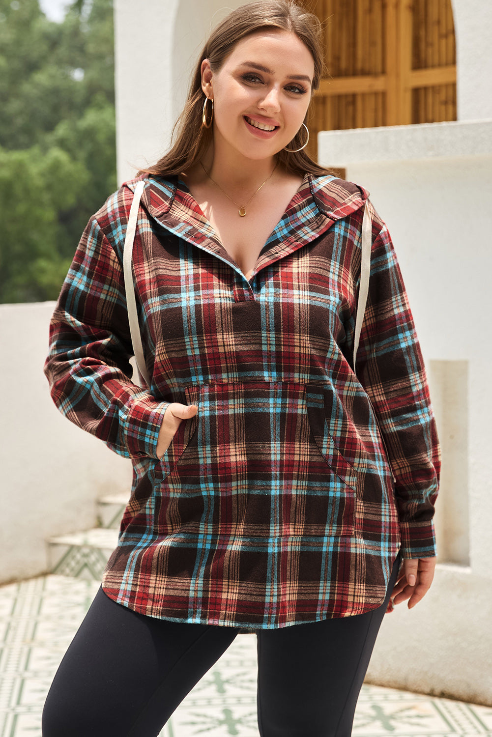 Plus Size Drawstring Plaid Quarter Button Hoodie - UrbanEthereal