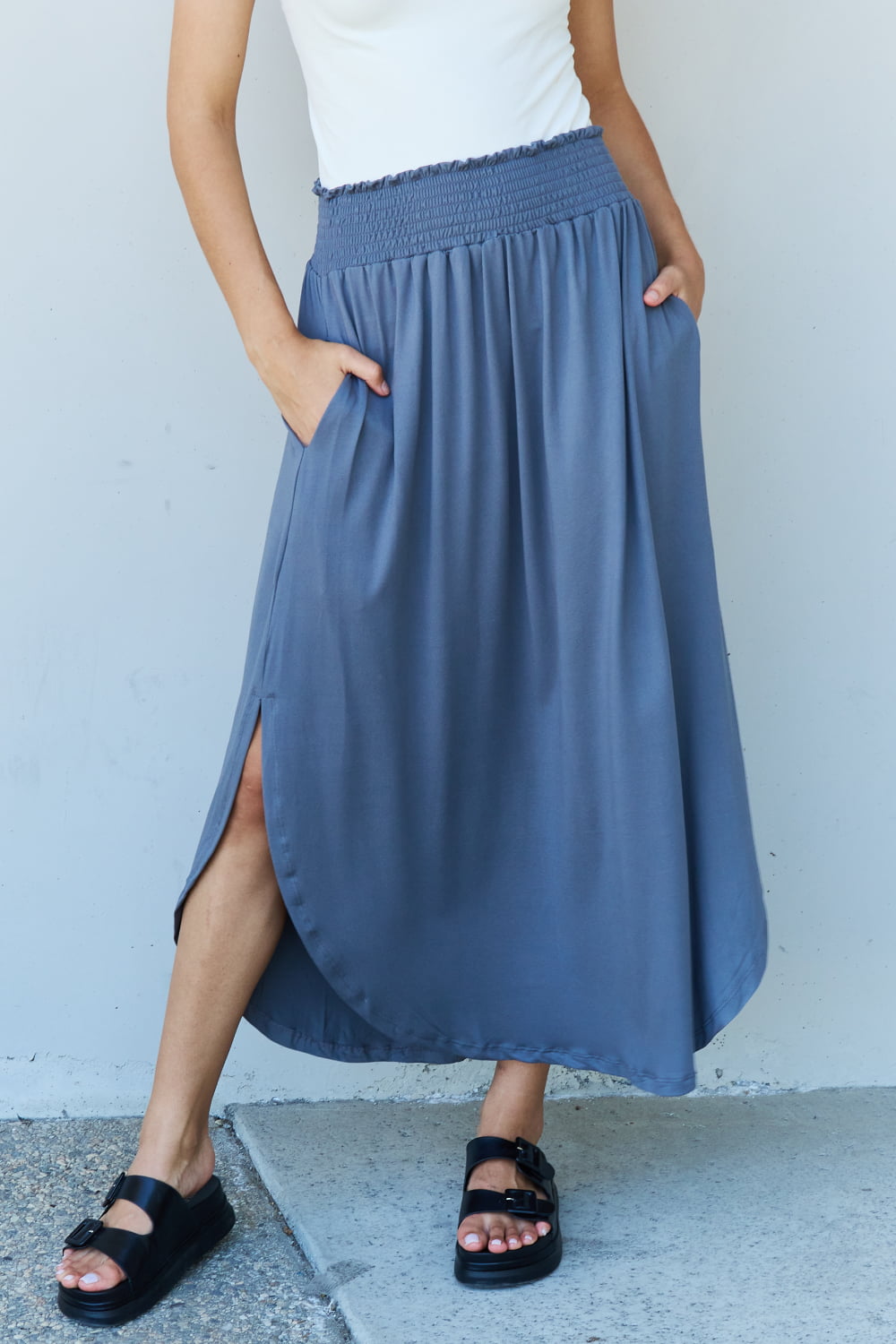 Doublju Comfort Princess Full Size High Waist Scoop Hem Maxi Skirt in Charcoal - UrbanEthereal