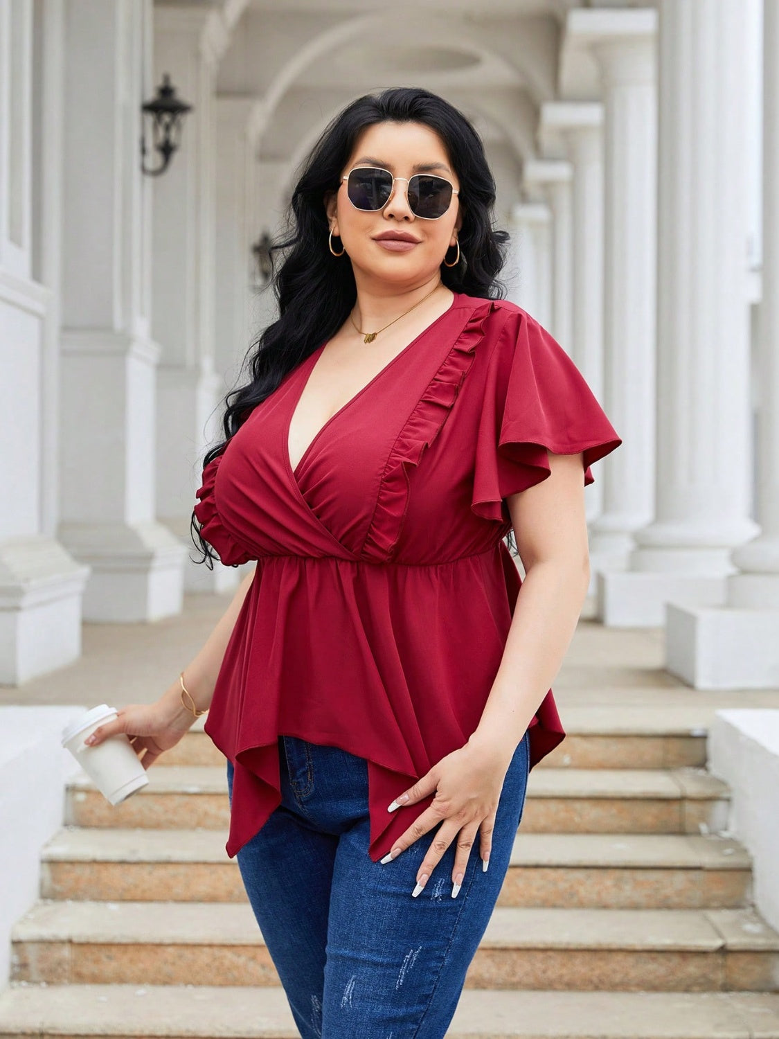 Plus Size Frill Surplice Flutter Sleeve Blouse - UrbanEthereal