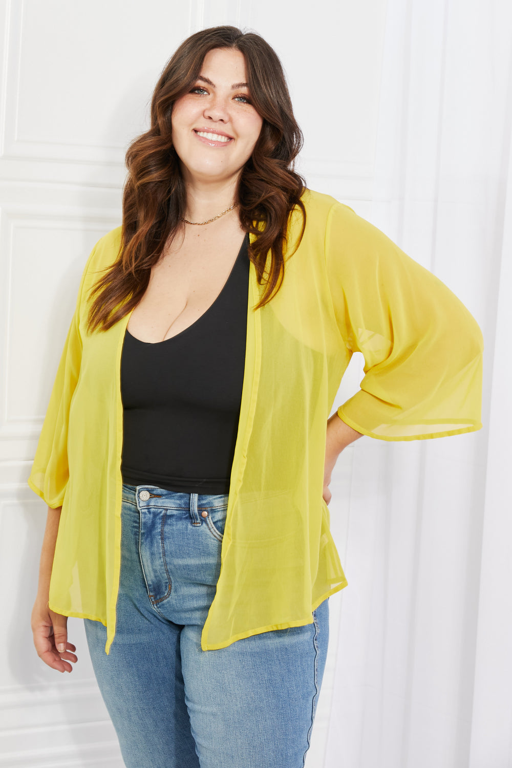 Melody Just Breathe Full Size Chiffon Kimono in Yellow - UrbanEthereal