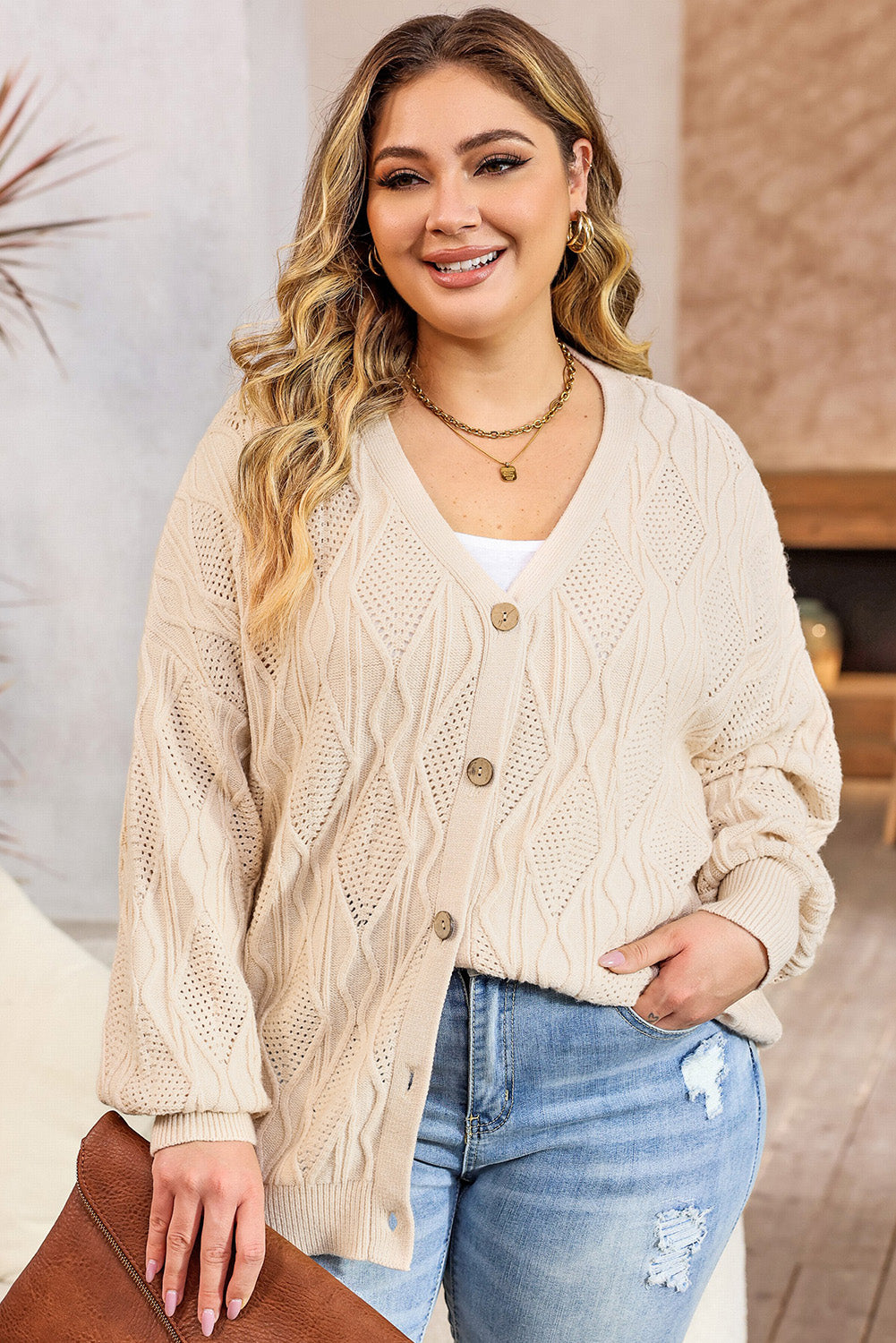 Plus Size Cable-Knit Button Up Sweater - UrbanEthereal