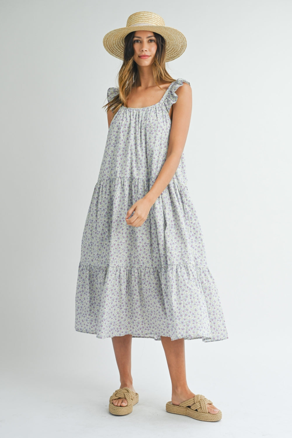 MABLE Floral Ruffle Shoulder Tiered Midi Dress - UrbanEthereal