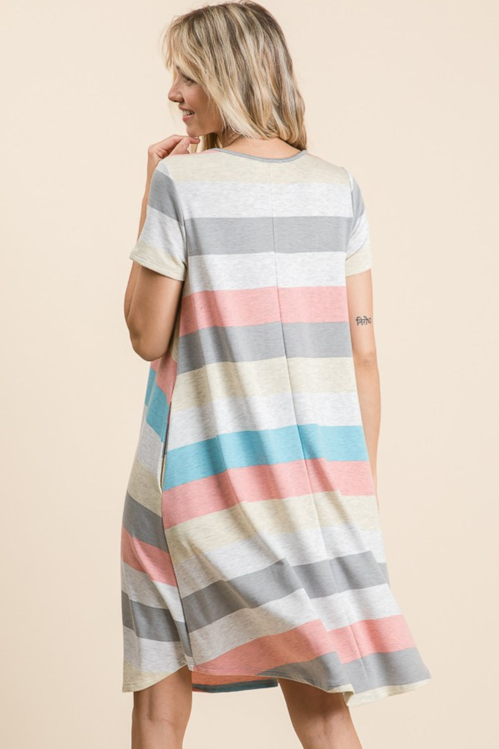 BOMBOM Striped Short Sleeve Dress with Pockets - UrbanEthereal