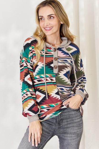 Celeste Full Size Geometric Exposed Seam Drawstring Hoodie - UrbanEthereal