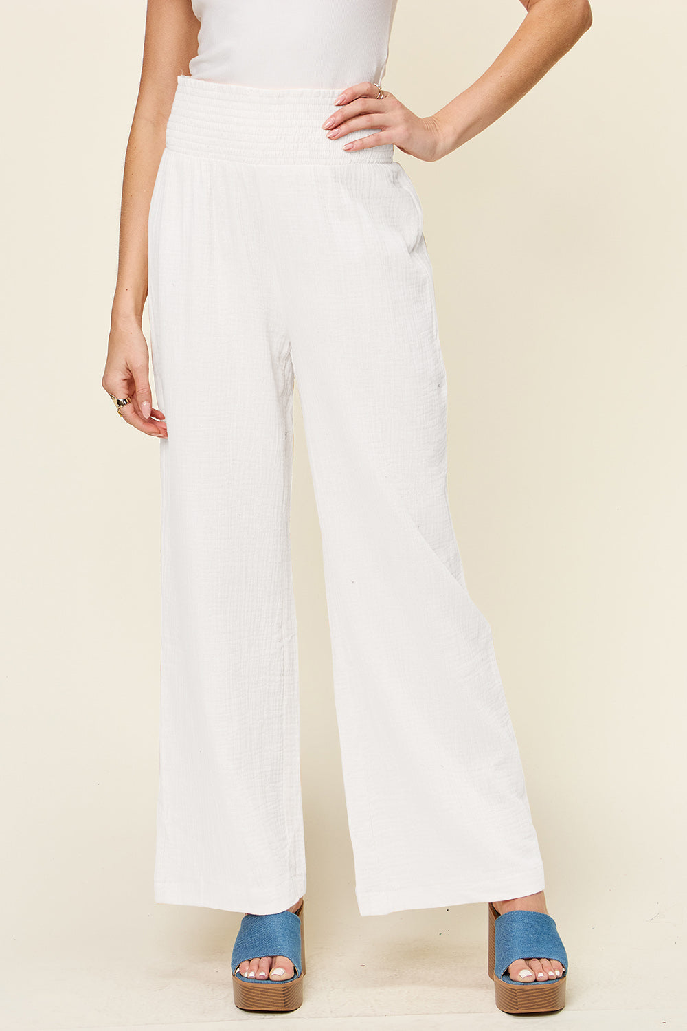 Double Take Full Size Texture Smocked Waist Wide Leg Pants - UrbanEthereal