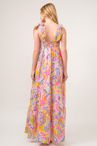 And The Why Full Size Printed Tie Shoulder Tiered Maxi Dress - UrbanEthereal