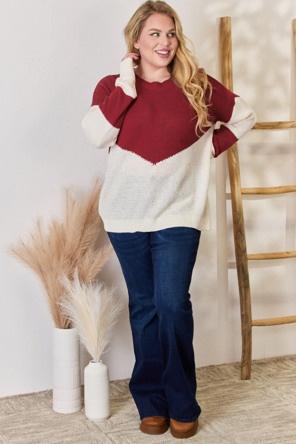 Hailey & Co Full Size Color Block Dropped Shoulder Knit Top - UrbanEthereal