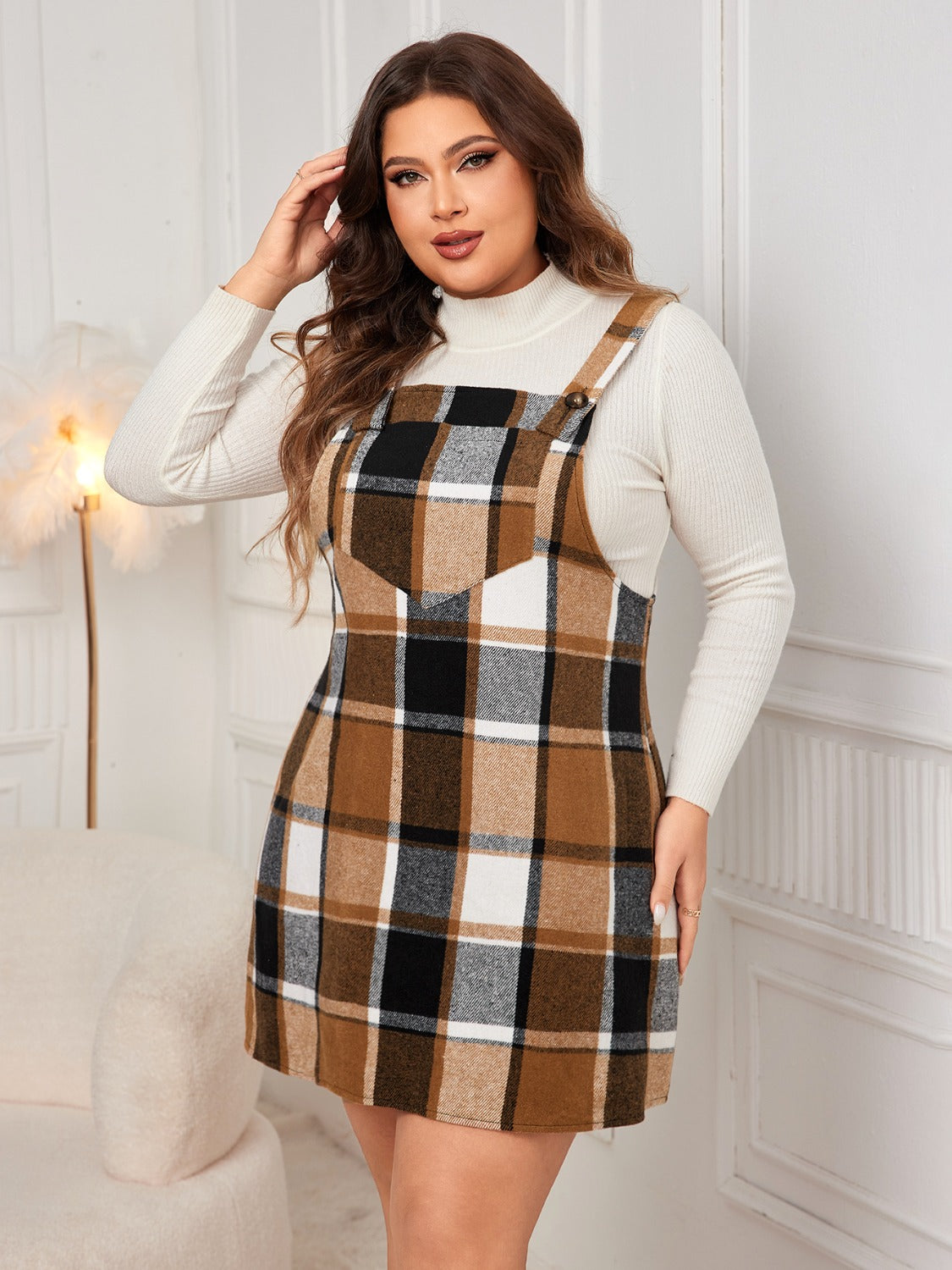 Plus Size Plaid Wide Strap Overall Dress - UrbanEthereal