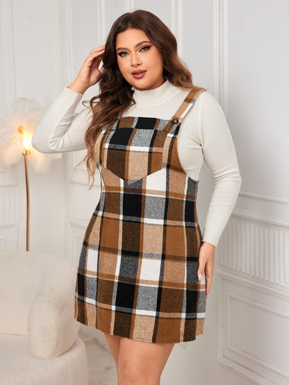 Plus Size Plaid Wide Strap Overall Dress - UrbanEthereal
